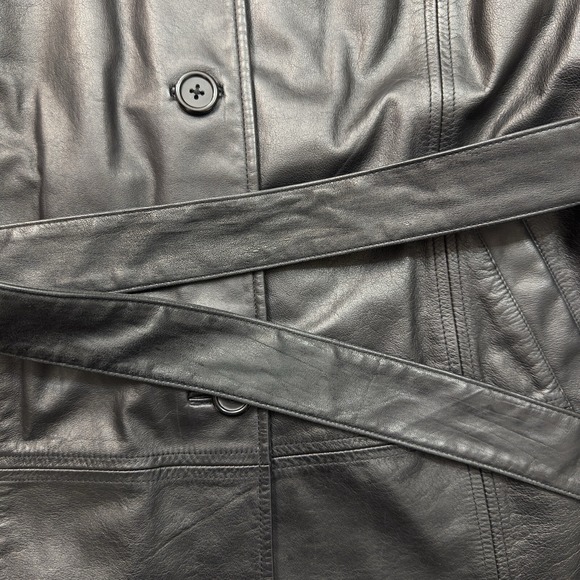 Preston & York Black Genuine Leather Belted Button Up Belt Tie Coat Mid Length L - Picture 6 of 11
